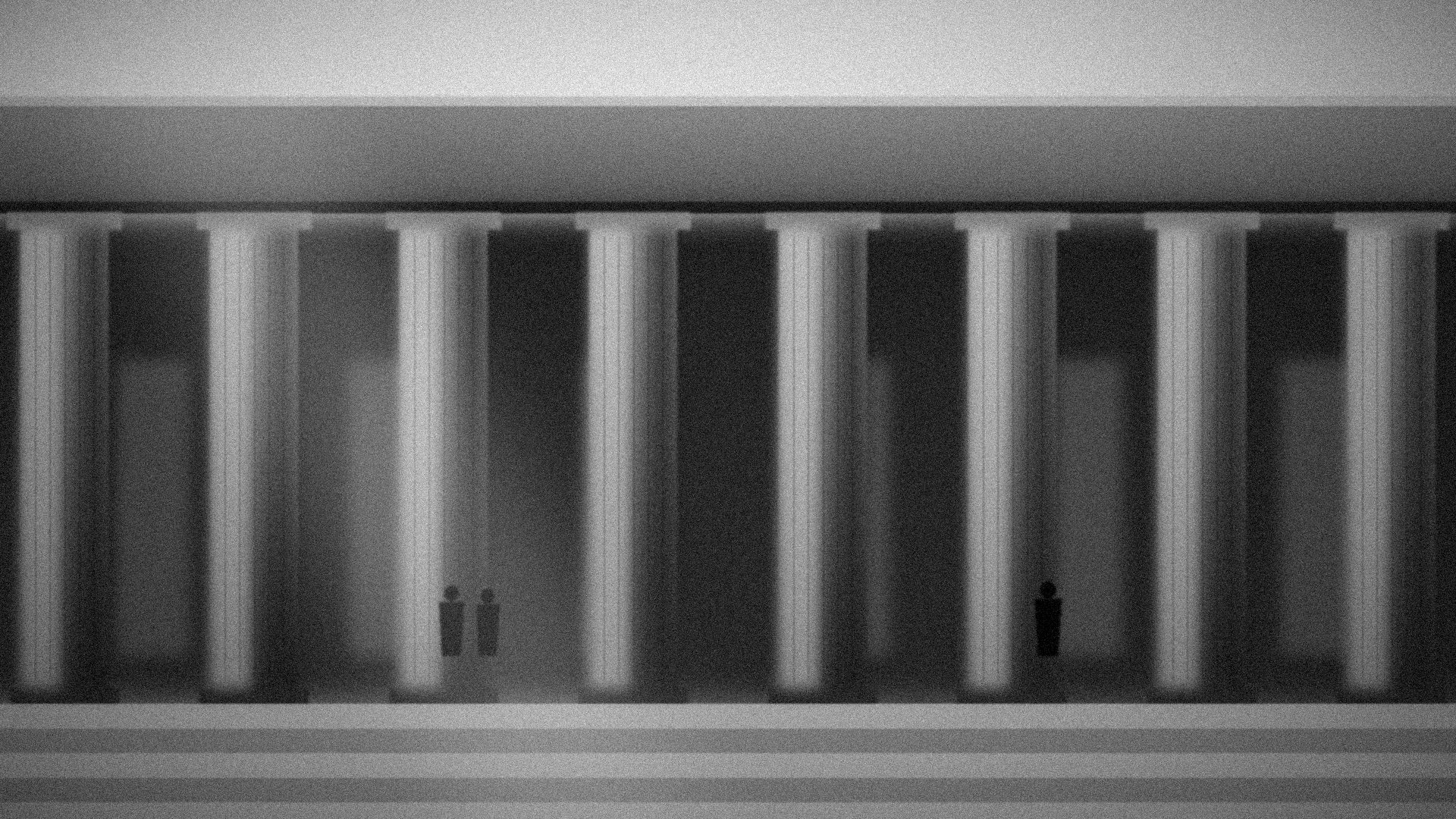 Colonnade néoclassique en noir et blanc, lumière rasante sur les colonnes, rappelant l'architecture du centre de Bordeaux